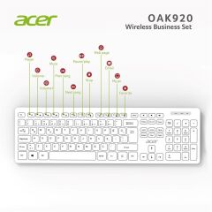 Acer OAK-920 Beyaz Kablosuz Sessiz Tuşlu 2.4Ghz Klavye Mouse Set Beyaz (Mouse 1200Dpı)