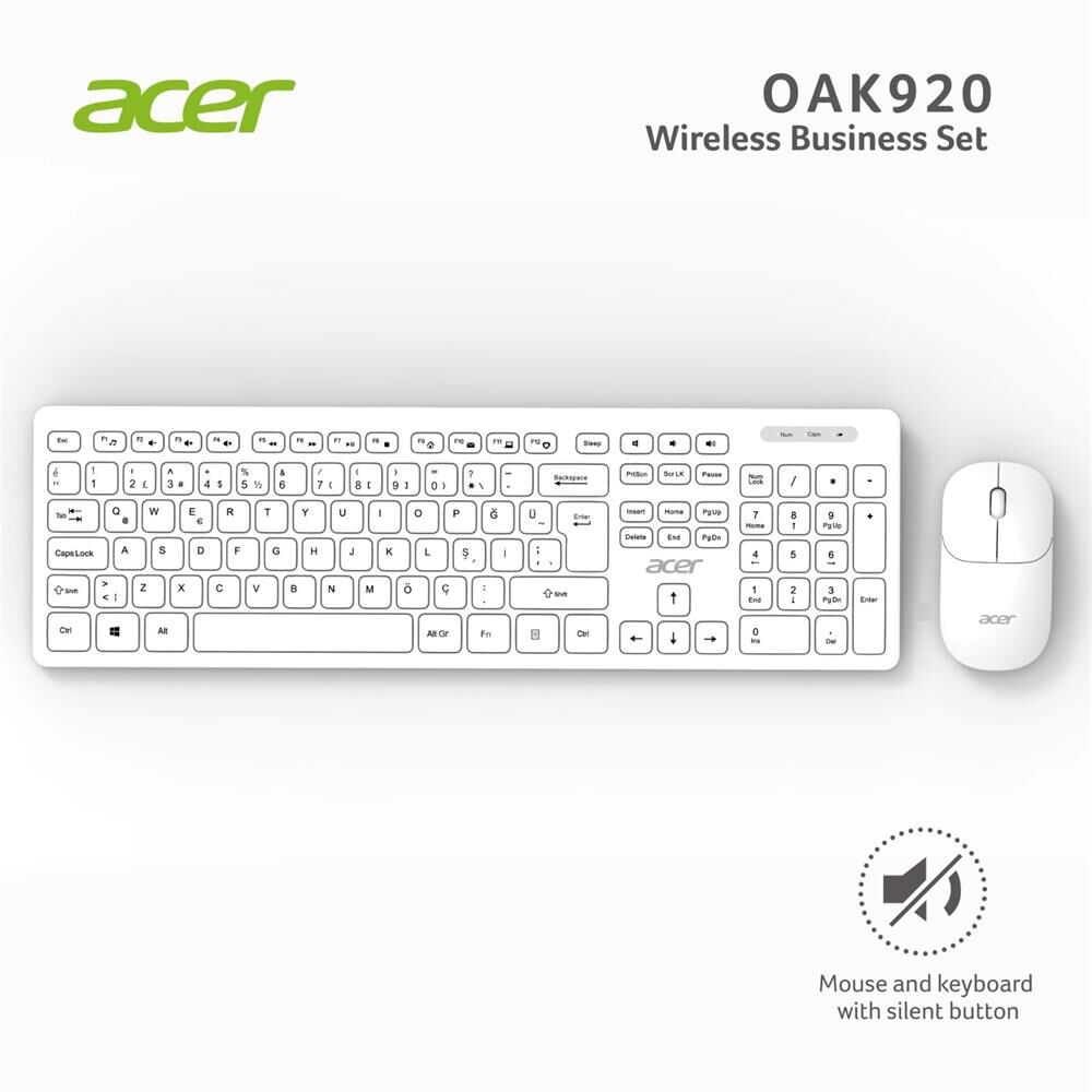 Acer OAK-920 Beyaz Kablosuz Sessiz Tuşlu 2.4Ghz Klavye Mouse Set Beyaz (Mouse 1200Dpı)