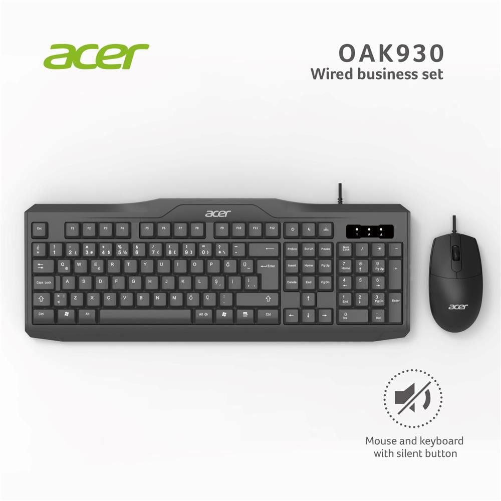 Acer OAK-930 Kablolu Sessiz Tuşlu Klavye Moue Set Siyah (Klavye 1,40Cm/Mouse 1.60Cm Kablo)